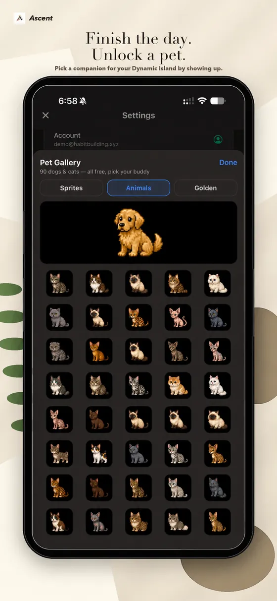 Finish the day, unlock a pet — the pet gallery