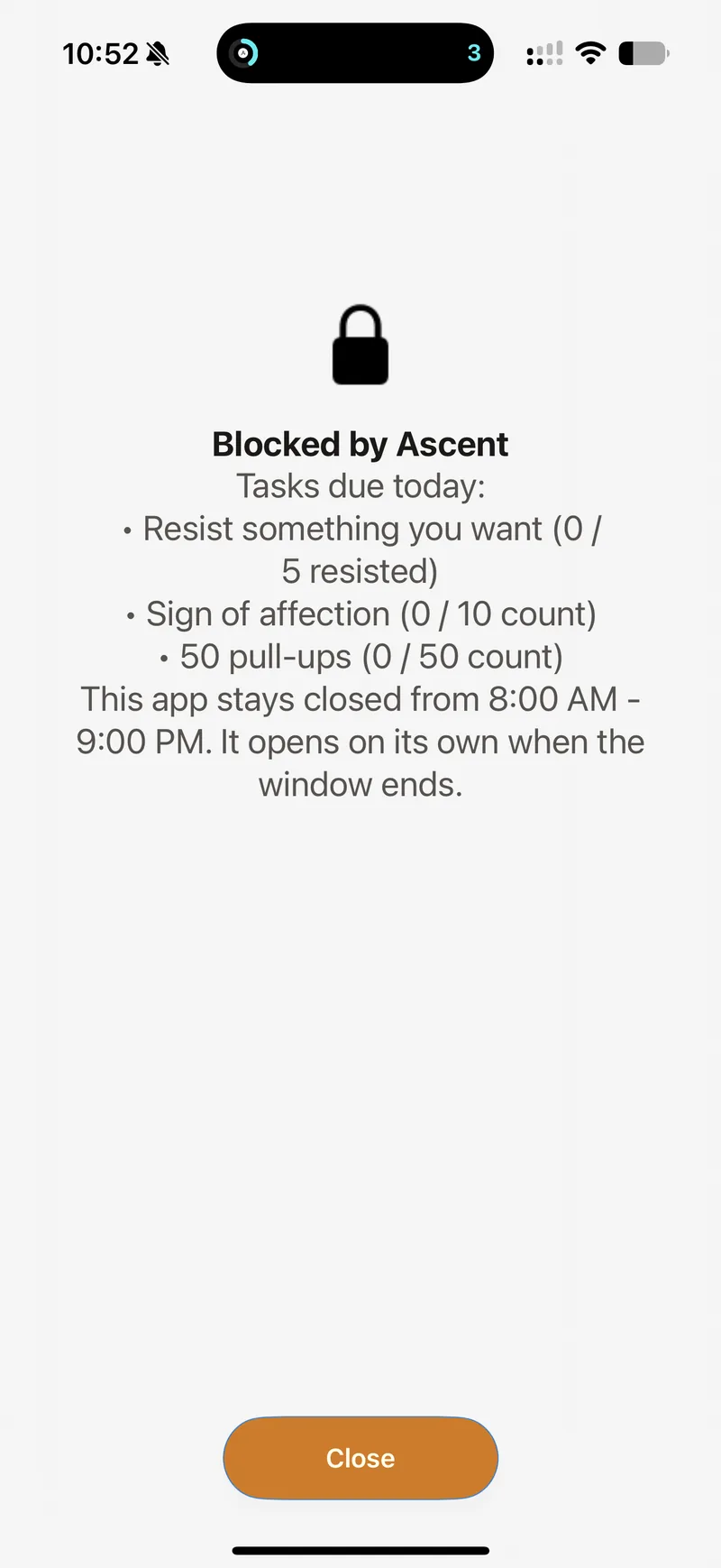 App blocked by Ascent with today's remaining tasks